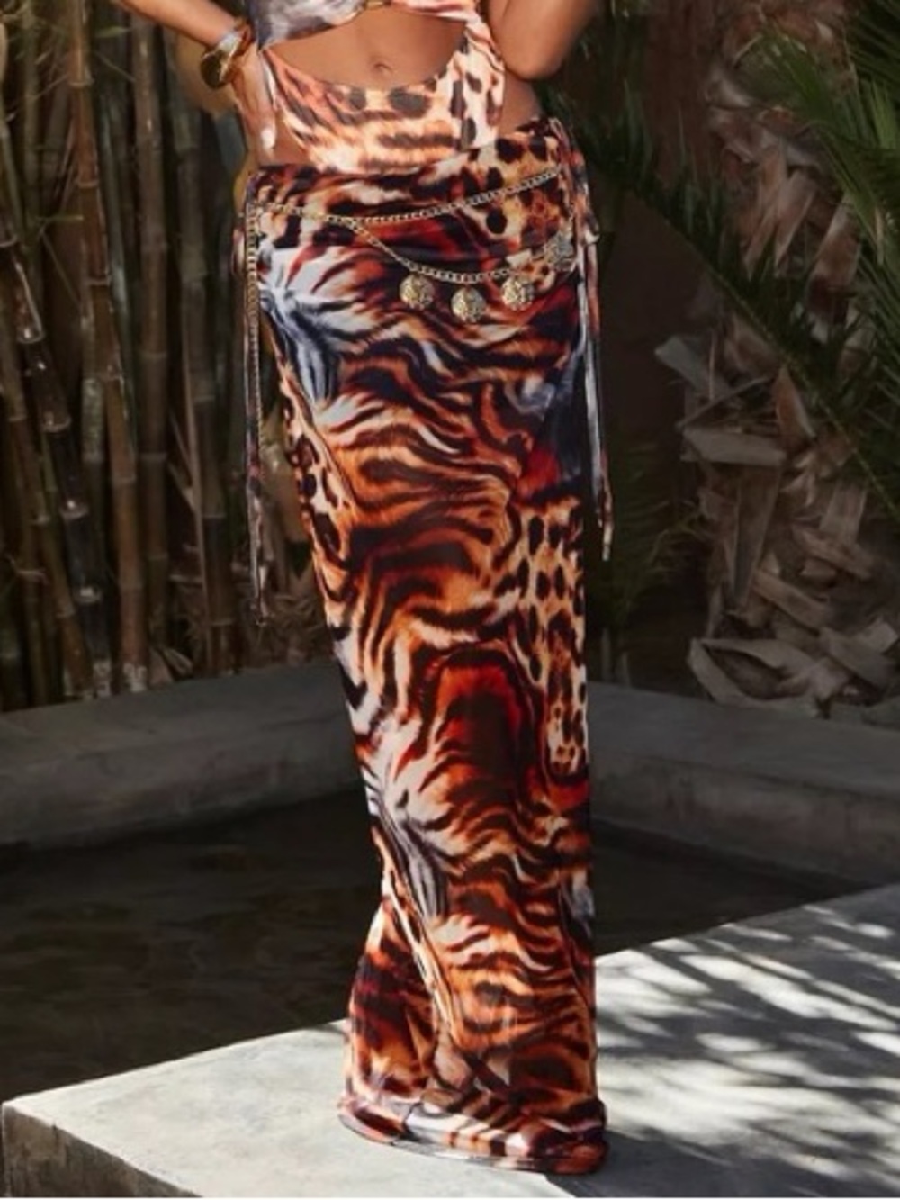 Boohoo Tiger Print Mesh Maxi Skirt Size 6 Y2K Sheer